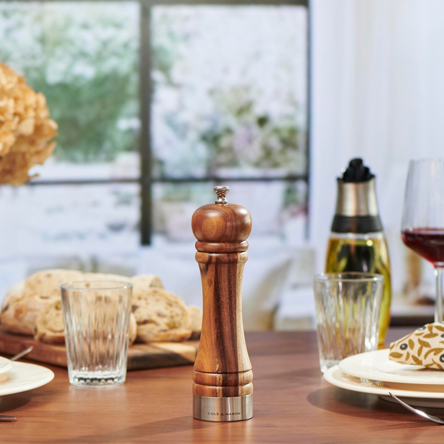 Cole & Mason Camden Acacia Salt & Pepper Mill - Dual-Use Grinder - Interchangeable Knobs - Adjustable Fine-to-Coarse Grind - Stylish Acacia Wood Kitchen Tool - 8 Inch