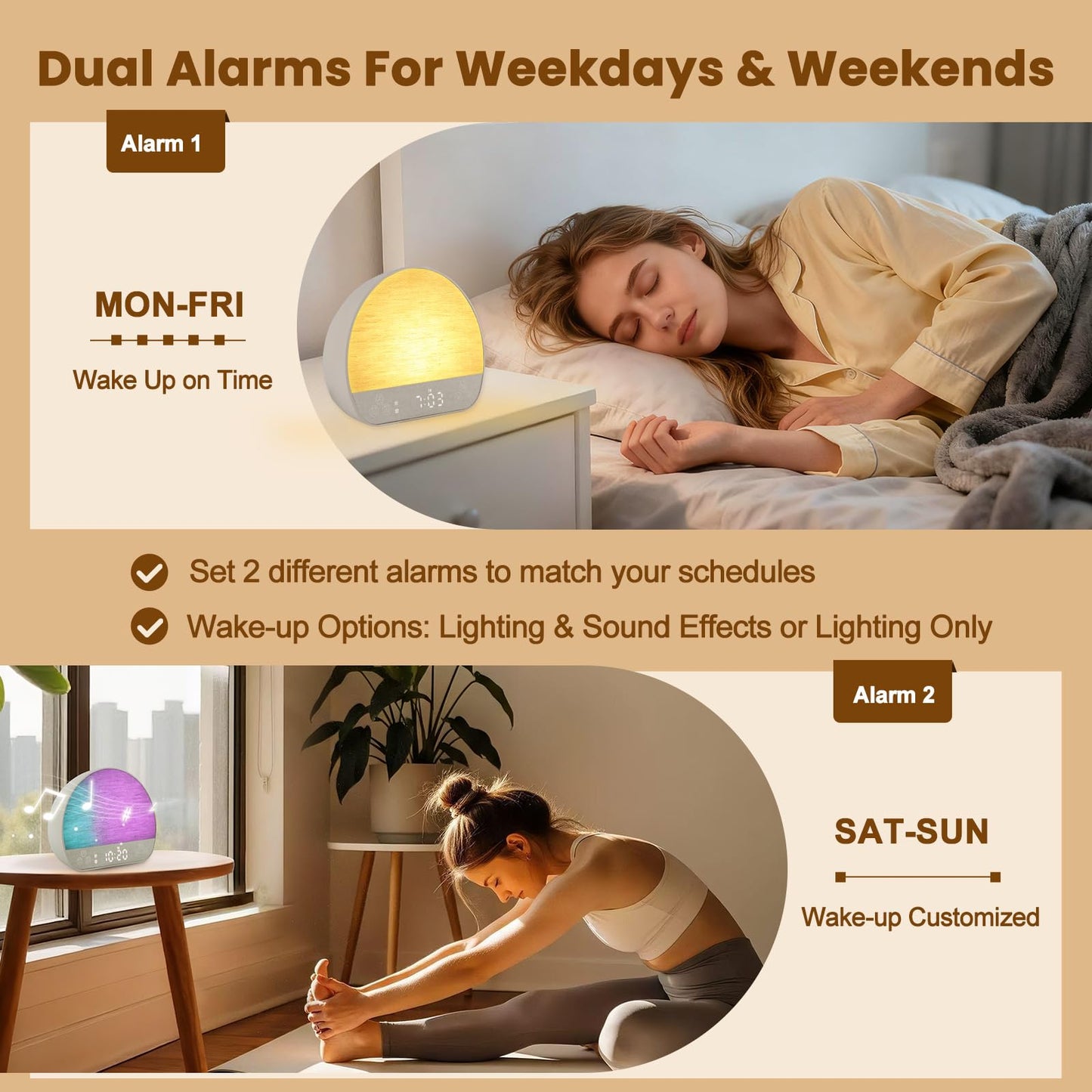 JONRRYIN Sunrise Alarm Clock Tap Snooze, 37 Sounds White Noise Machine Gentle Wake Up Light with Bluetooth, Remote, USB Charging & 15 Color Night Lamp, Sunlight Alarm for Heavy Sleeper Bedroom Gift
