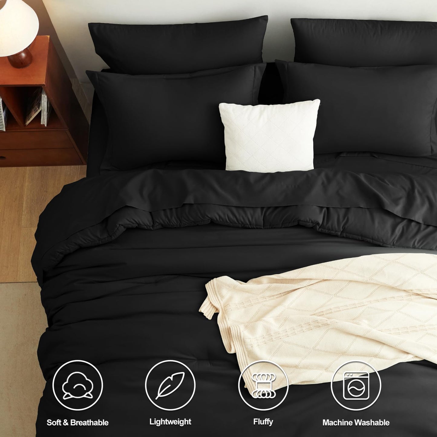 CozyLux King Size Comforter Set Black, 7 Pieces Bed in a Bag King Comforter Set with Sheets, Luxury Soft Bedding Sets with Down Alternative Comforter, Fitted Sheet, Flat Sheet, Pillowcases & Shams