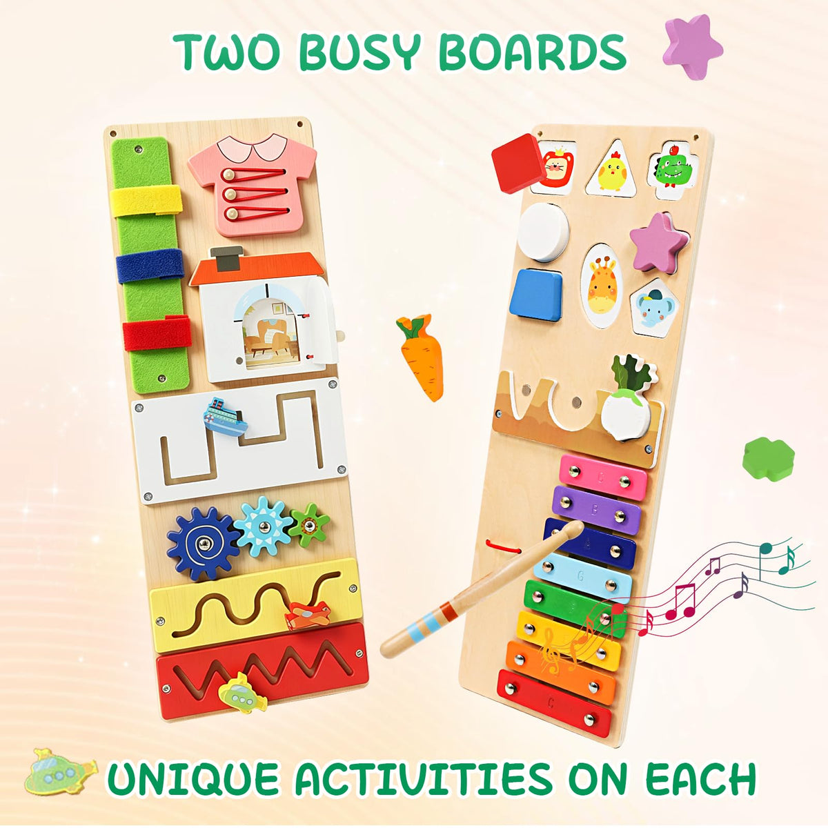 Montessori Busy Board for 1 Year Old, 2 Pcs Wooden Sensory Toys for Toddlers 1-3, Preschool Learning Activities Game for Fine Motor Skills, Birthday Easter Gifts for 1 2 3 4 Years Old Baby Boys Girls
