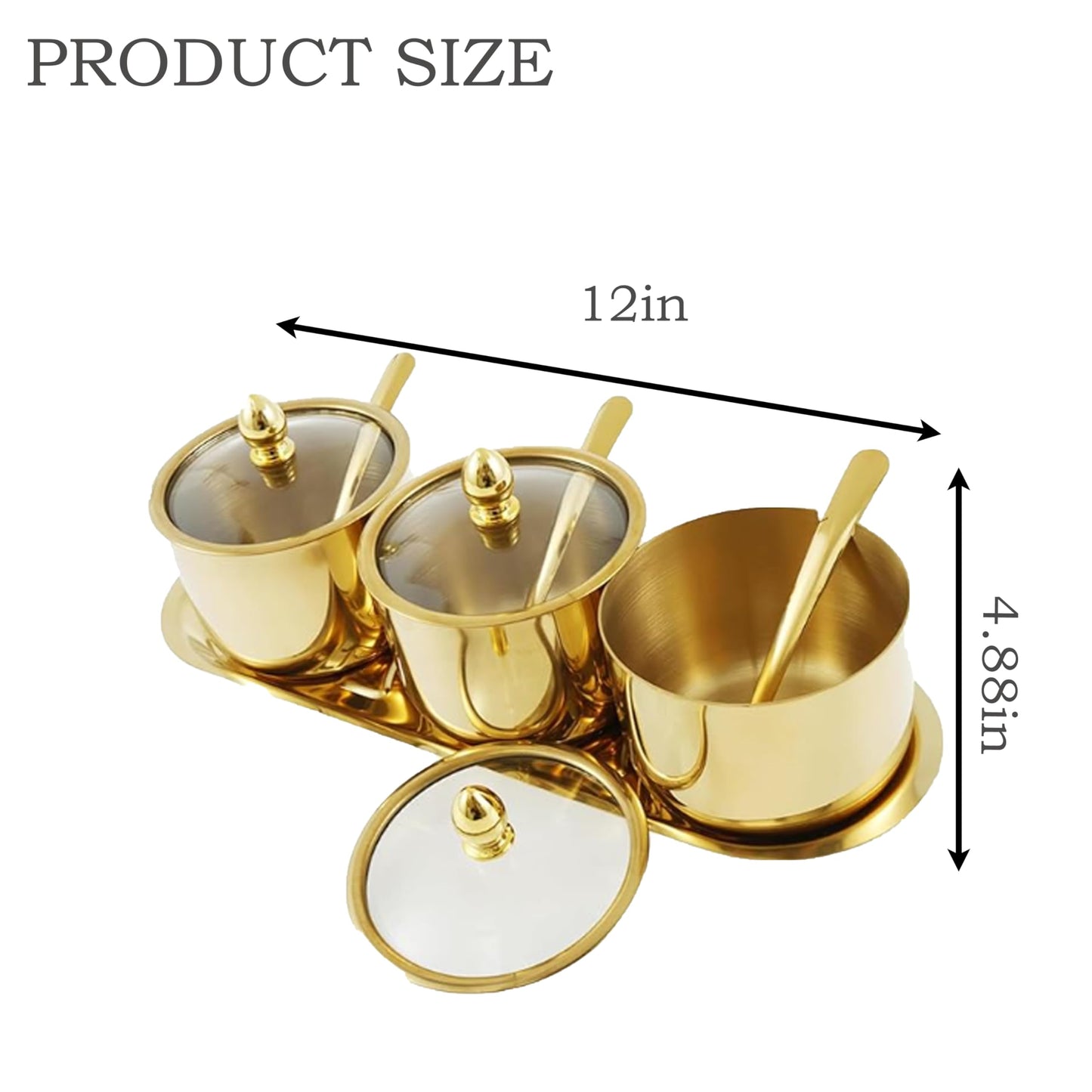 HMDIUM Sugar Bowl Set - 3 Grid Condiment Jars with Glass Lids & Spoon Stainless Steel Canisters with Tray for Sugar, Spice, Salt - Stylish Kitchen Storage Containers
