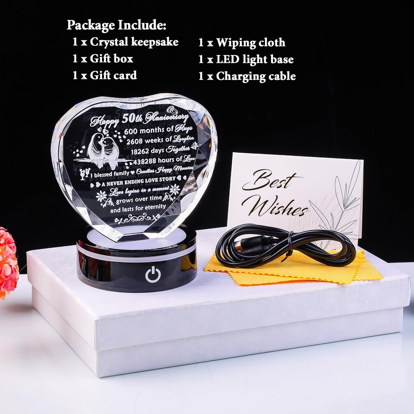 YWHL 50th Wedding Anniversary Crystal Heart Gifts for Parents Couple, Laser Engraved Romantic 50 Year Anniversary Crystal Keepsake Gifts for Wife Husband, 50 Years of Marriage Gift for Her Him