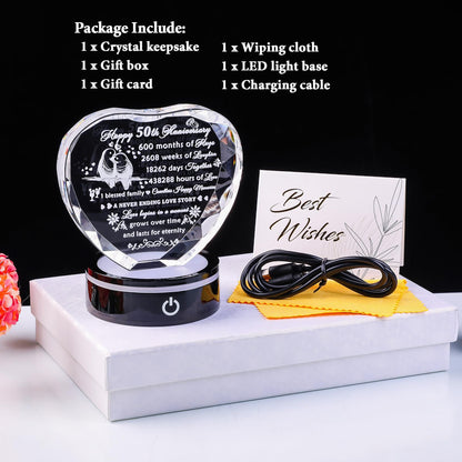 YWHL 50th Wedding Anniversary Crystal Heart Gifts for Parents Couple, Laser Engraved Romantic 50 Year Anniversary Crystal Keepsake Gifts for Wife Husband, 50 Years of Marriage Gift for Her Him