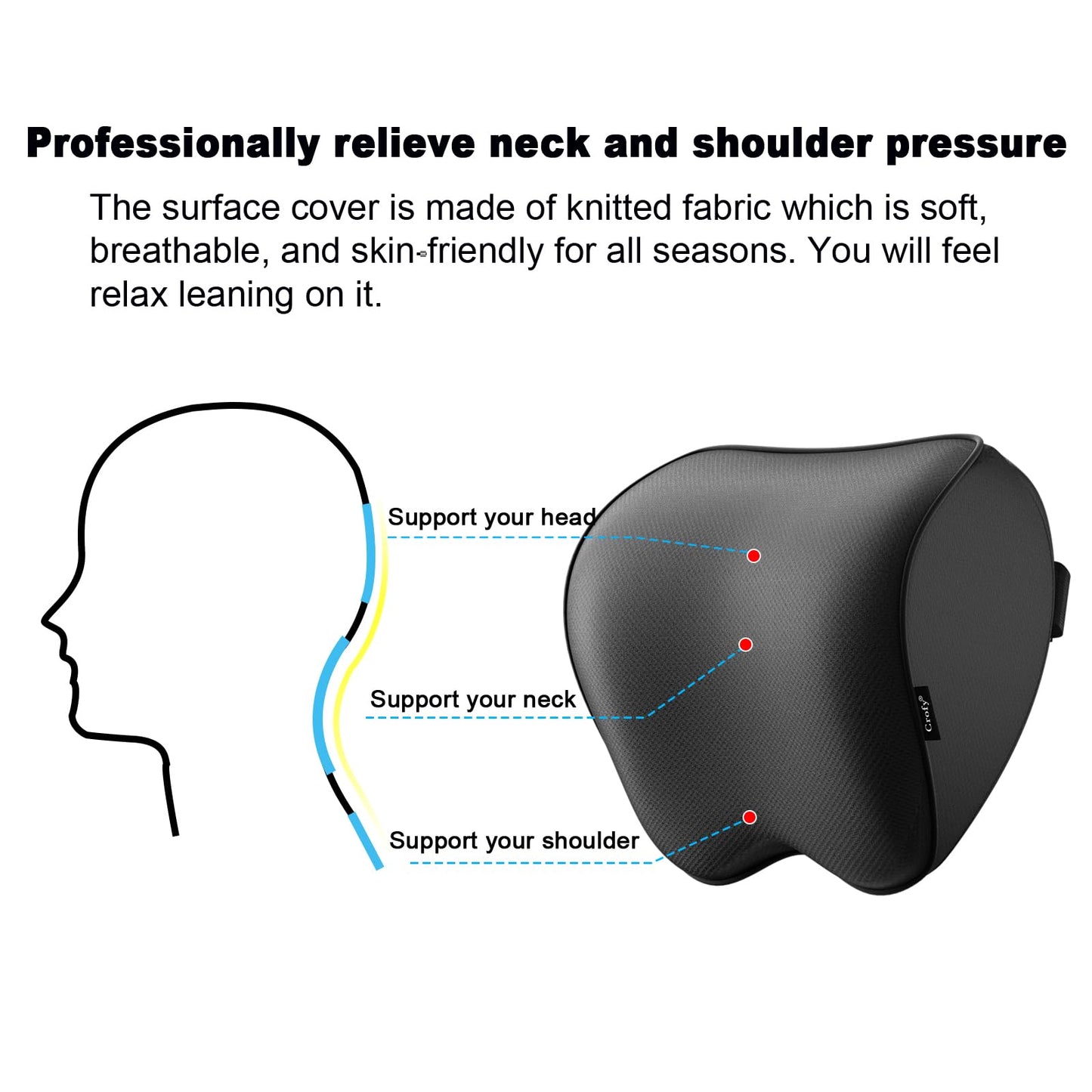 Crofy 2-Pack Car Neck Pillow, Softness Car Headrest Pillow for Driving with Adjustable Strap, 100% Memory Foam and Breathable Removable Cover, Comfortable Ergonomic Design, 4.7 Inches Thick