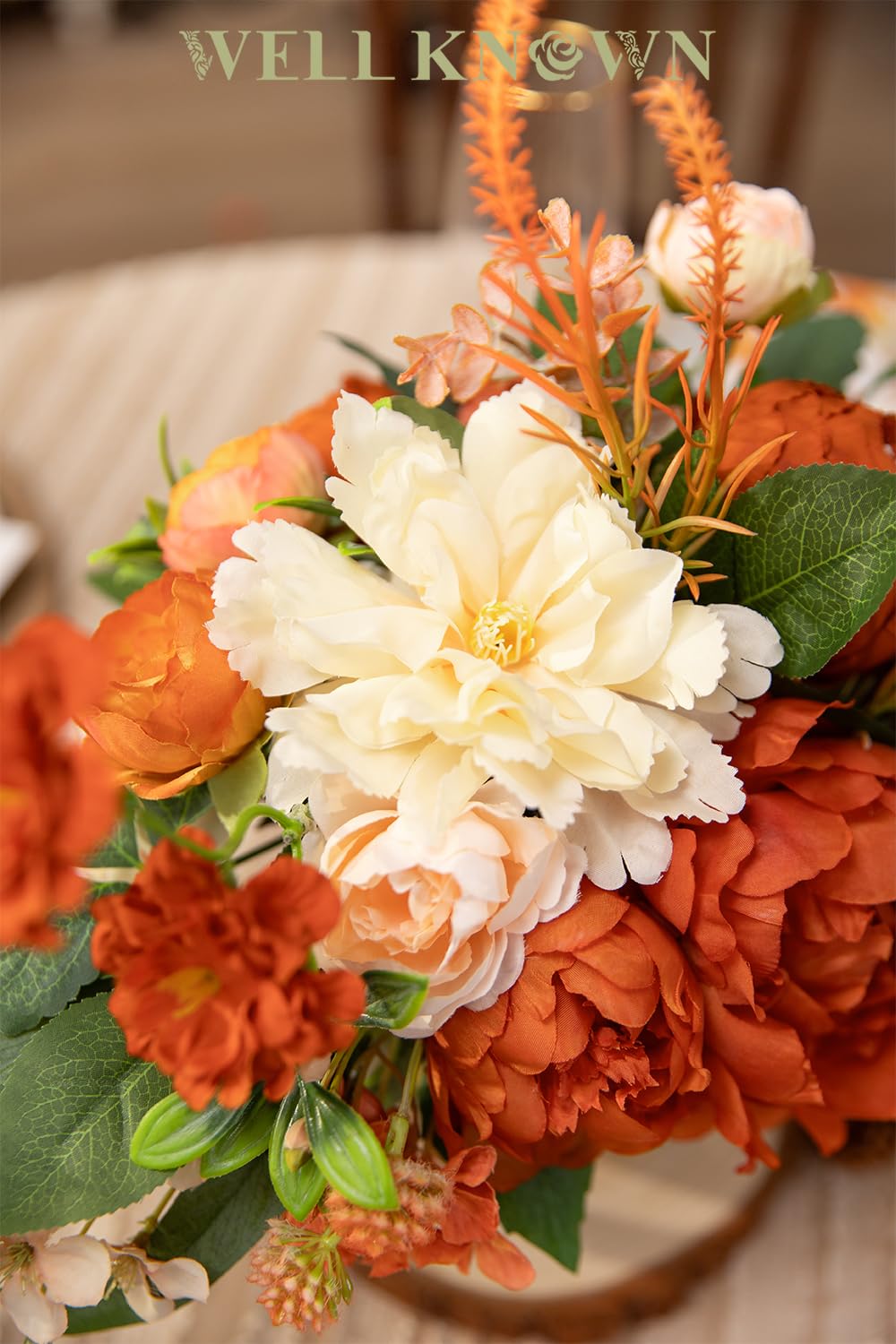 Artificial Flowers in Vase, WELL KNOWN Silk Rose Peony Flower Bouquet Table Centerpieces with Faux Water for Fall Home, Fake Flower Arrangement for Seasonal Party Decor (Burnt Orange & Champagne Plus)