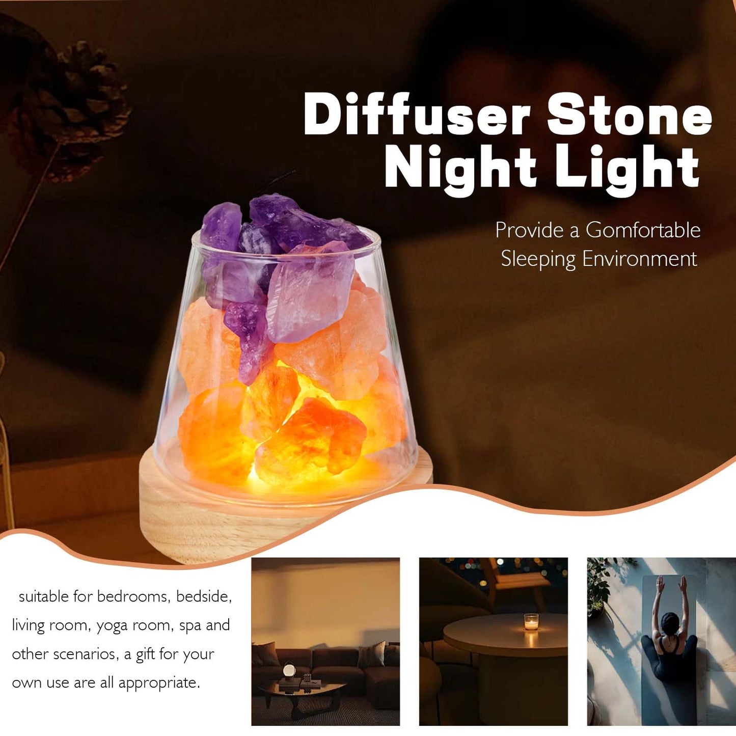 Runyangshi Healing Crystal Night Light Natural Himalayan Salt & Amethyst Raw Stones Aroma Diffuser USB Powered 3 Colour Adjustable Bedside Lamp for Bedroom Living Room Yoga Meditation Home Decor Gift
