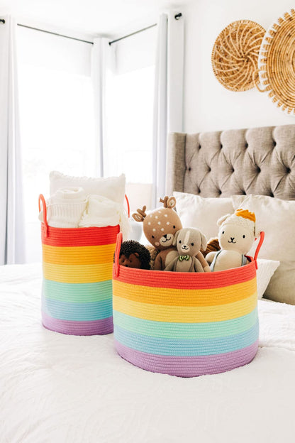 OrganiHaus Rainbow Blanket Basket for Classroom & Nursery, Extra Large Woven Laundry Basket w/Handles, Kids Toy Organizer & Storage, Soft Round Dog Toy Storage Bin, Cute Bin - 20"x13" in