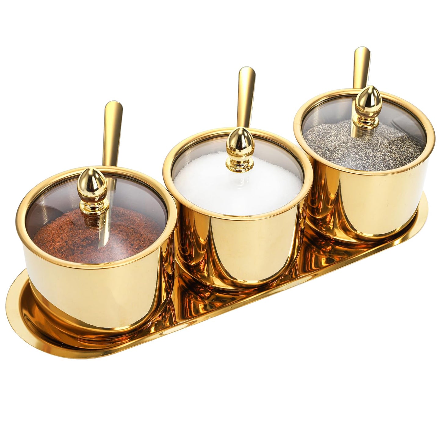 Hedume Set of 3 Grids 304 Stainless Steel Seasoning Containers with Glass Lid Spoon and Tray, 11 oz Gold Condiment Jar Spice Container, Condiment Canisters Pots for Serving Sugar, Pepper, Salt, Candy