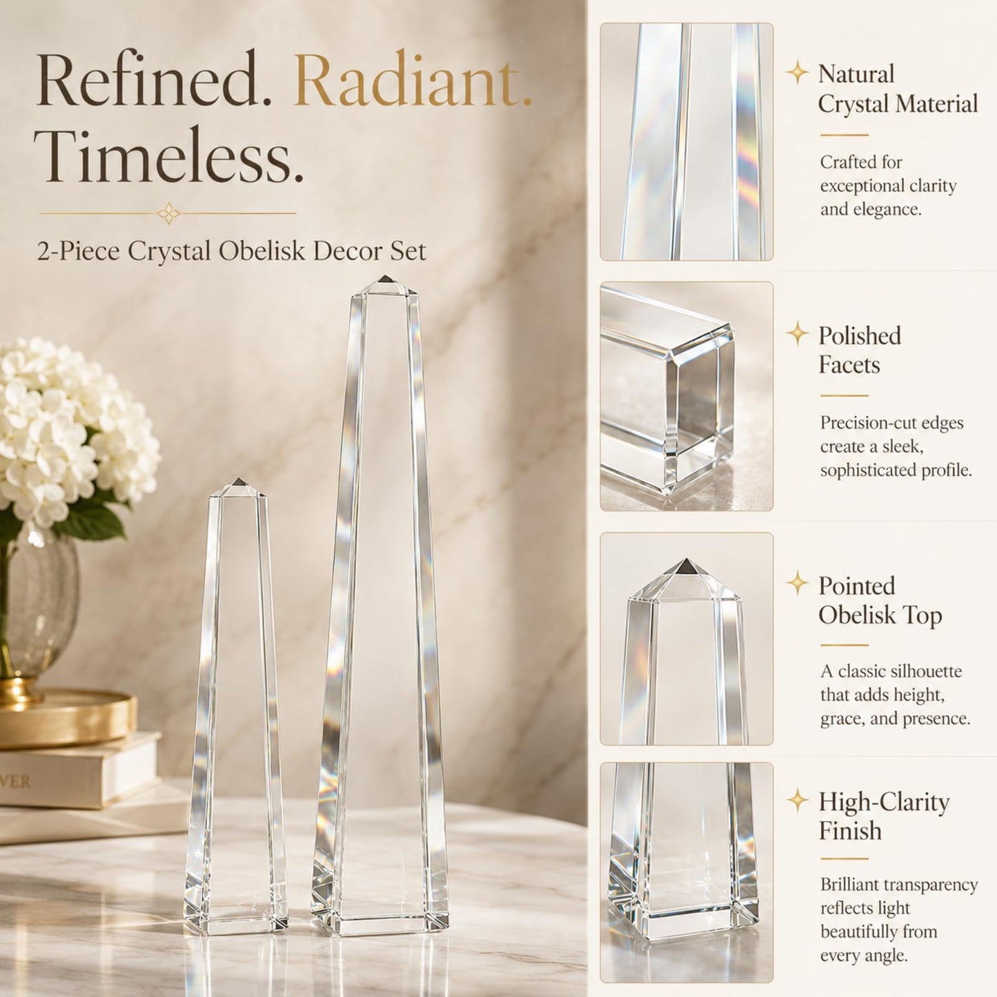 Novabright Crystal Obelisk Towers - 2 Pcs 9.25 Inch & 6.18 Inch Optical Crystal Decoration Set, Ideal for Farmhouse, Modern, and Home Decor for Mantel, Vanity, Side Table, Shelf, and Office Styling