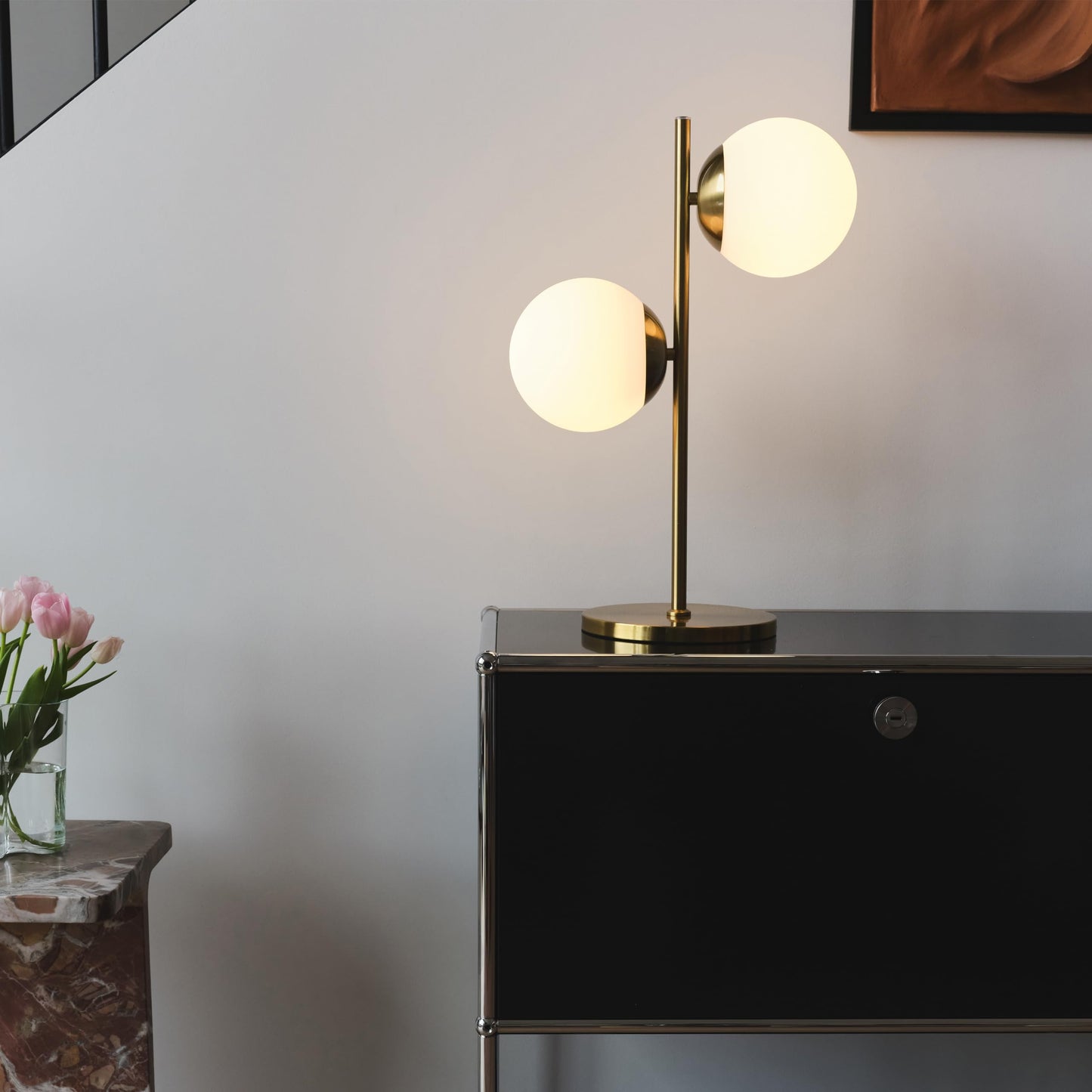 Brightech Sphere Table Lamp for Living Room, Mid-Century Modern Nightstand Light for Bedroom Offices, Contemporary Living Room Decor - 2 LED Globe Lights, USB Port – Gold/Antique Brass