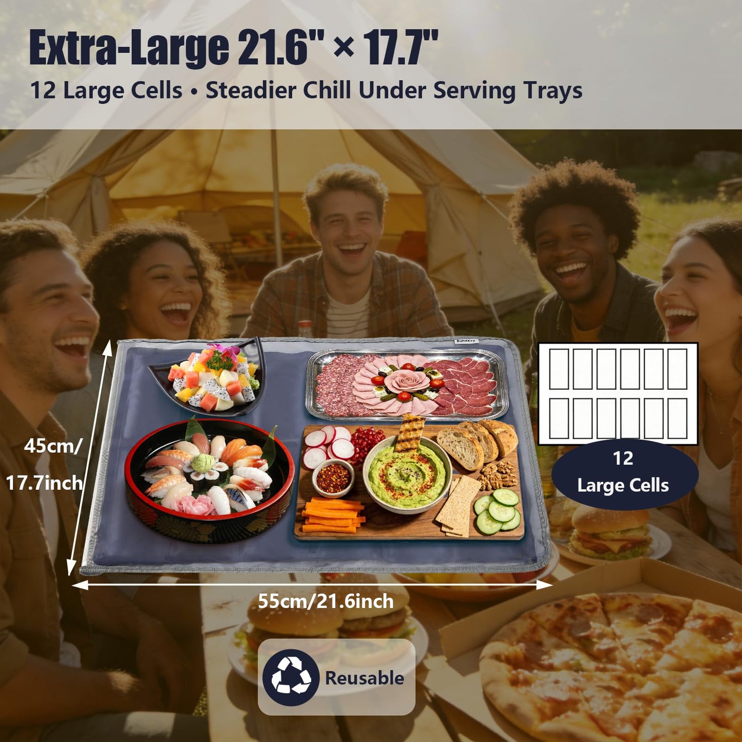 Babeezy Party Mat Chiller,Foldable Reusable Ice Pack Mat with Sleeve Bag 12 Large Cells (2×6) Tray Chiller for Charcuterie, Cheese, Deli Meats, Veggie & Fruit Trays, Sushi, Salads & Dips