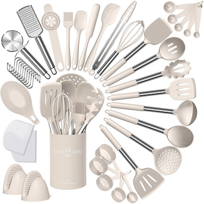 Umite Chef Silicone Kitchen Cooking Utensil Set, 43 pcs Spatula Set with Stainless Steel Handle, Non-stick Heat Resistant - Best Cookware Set-(Khaki)