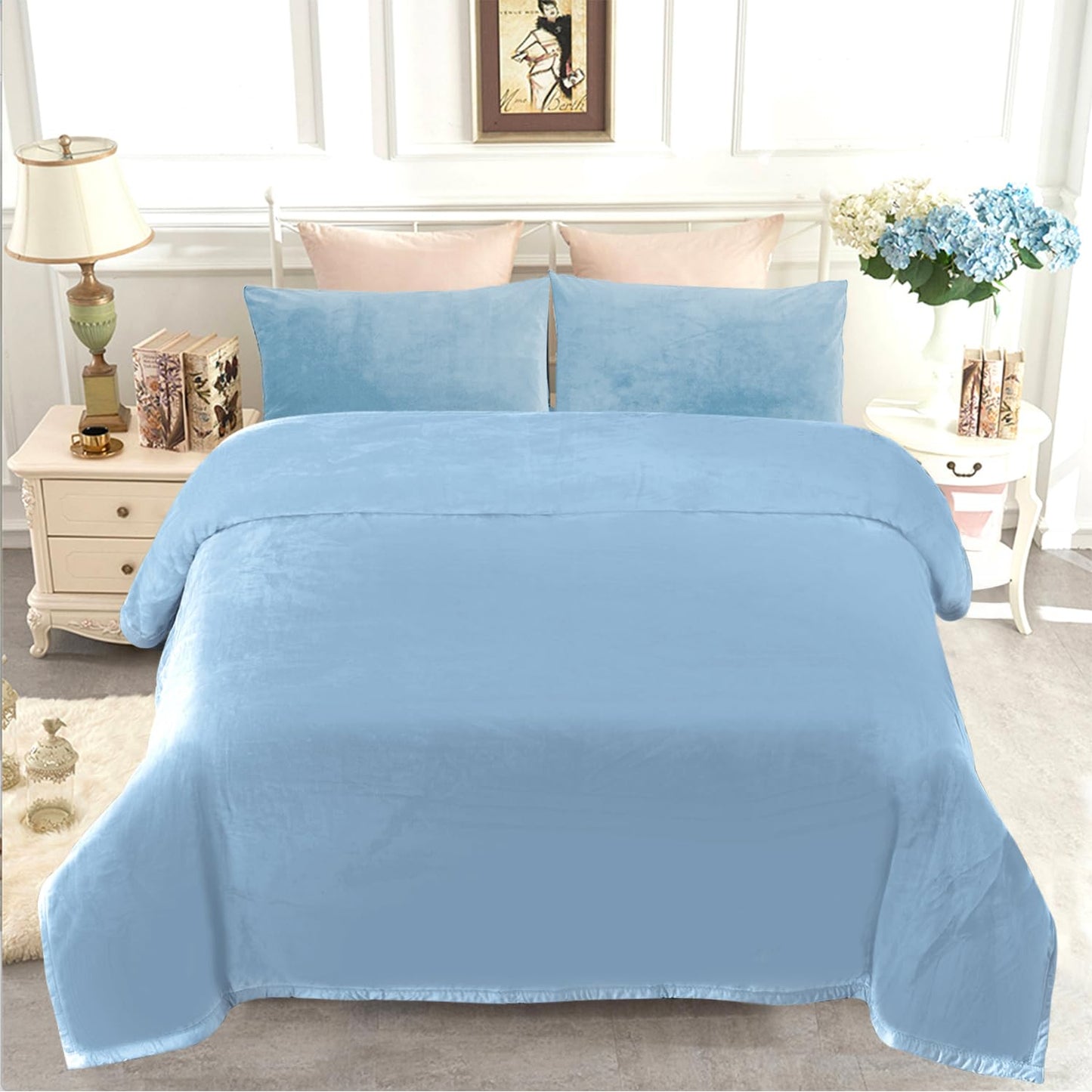 JYK Premium Silky Flannel Fleece Blanket - Queen Size 79'' x 91'', 3.5 LB Lightweight and Fluffy Cozy Plush Microfiber Blanket for Couch, Sofa, Bedroom, Light Blue
