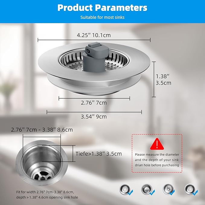 Hibbent 3 in 1 Kitchen Sink Drain Strainer, Stainless Steel Wrapped Shell Drain