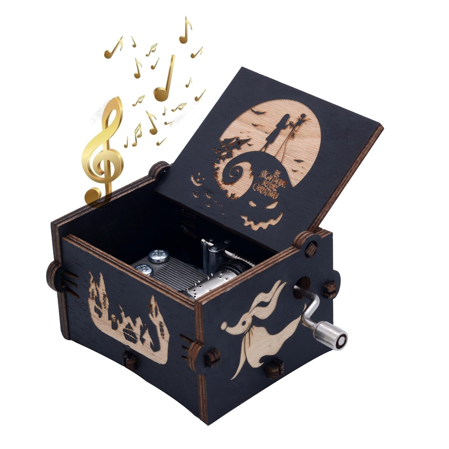 Keast Funny Wooden Hand Crank Music Box, Engraving Nightmare Musical Box Melody Plays This is Halloween Home Decor for Halloween Valentine's Day Christmas