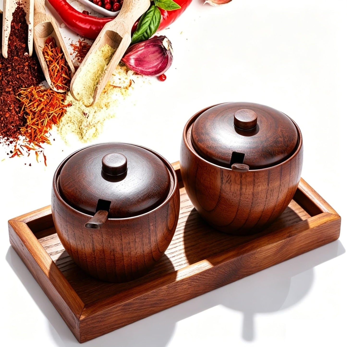 Cyrank Set of 4 Spice Jars, Wooden Condiment Jars Set with Lid and Spoon Wood Seasoning Box Sugar Salt Container Set Condiment Pots for Salt, Sugar and Pepper