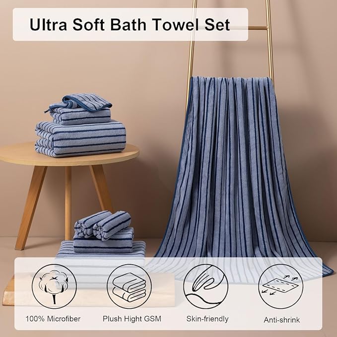 Oliven 4 Piece Navy Cabana Stripe Large Bath Towels Oversized Bath Sheet Super