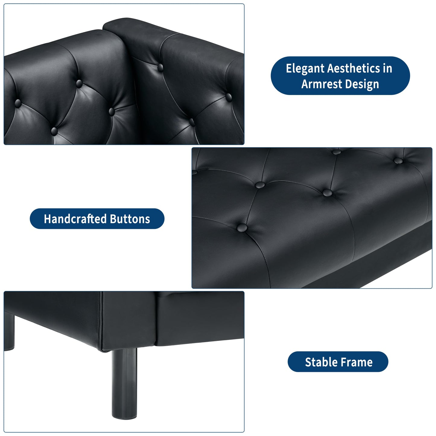 Garvee 81 Inch Leather Couch for Living Room, Modern Leather Sofa with Deep Seat, Handmade Button Tufted Sofa, Chesterfield 3 Seat Couch for Apartment, Office, Black