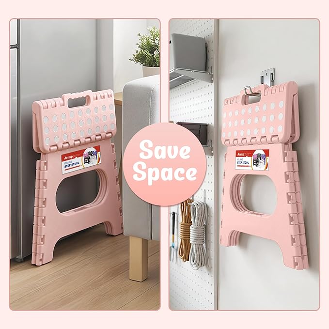 ACSTEP Folding Step Stool 11 Inch, Sturdy Plastic Foldable Step Stool for Kids & Adults, Non Slip Lightweight Collapsible Foot Stools Holds 300 lbs, Ideal for Kitchen, Bathroom, Bedroom, Light Pink