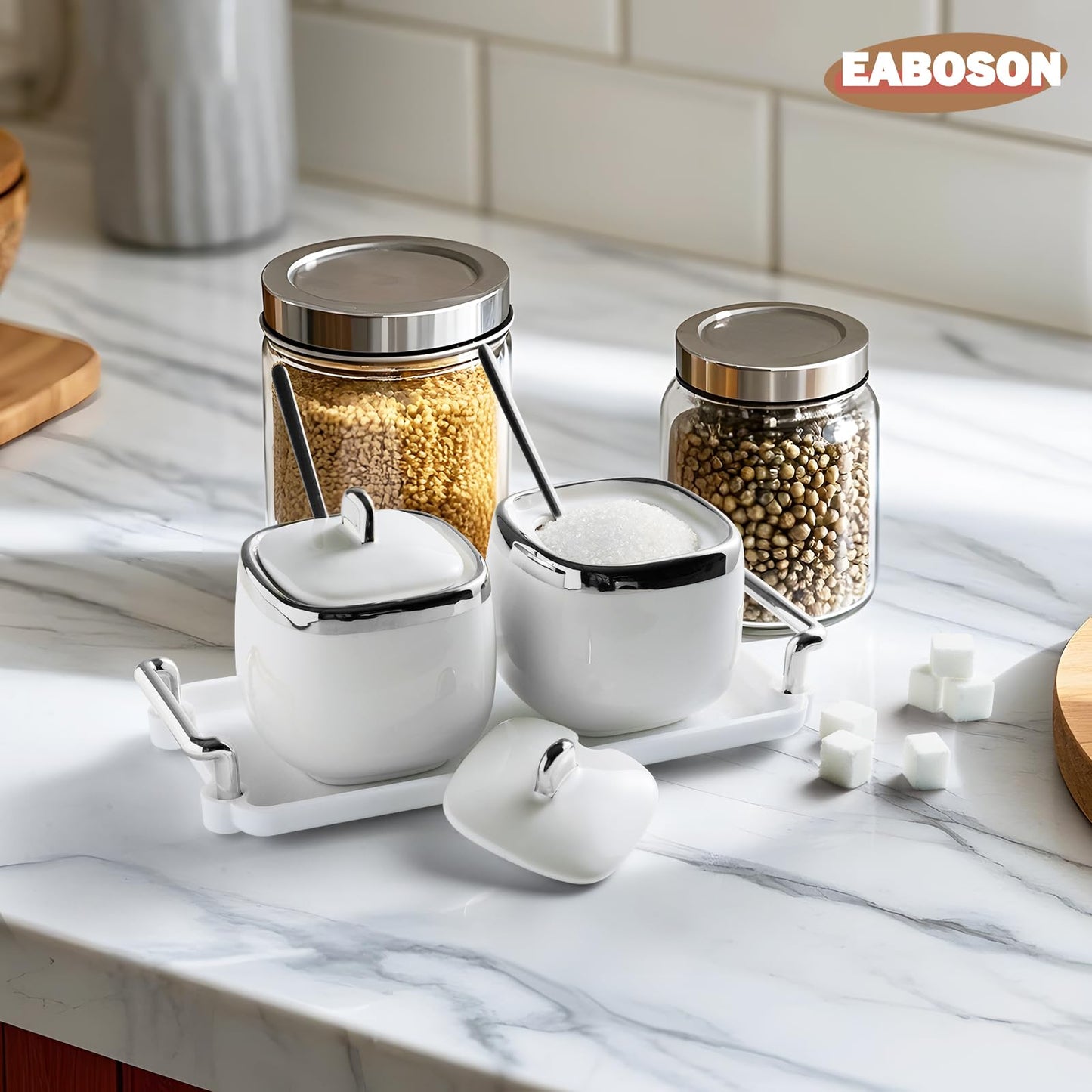 EABOSON Ceramic Sugar Bowl 2 Pack, Porcelain Seasoning Jar with Tray, Spoon and Lid for Sugar, Pepper, Coffee, Spice, Salt (silver)