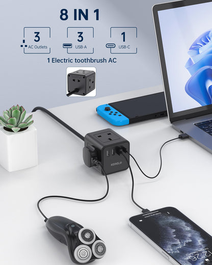 3M Extension Lead with USB, Kemelo 4 Way (13A/3250W) Plug Extension Socket with 3 USB A & 1 USB C, Child Safety Extension Cord,Black Power Strip for Home Desk Office