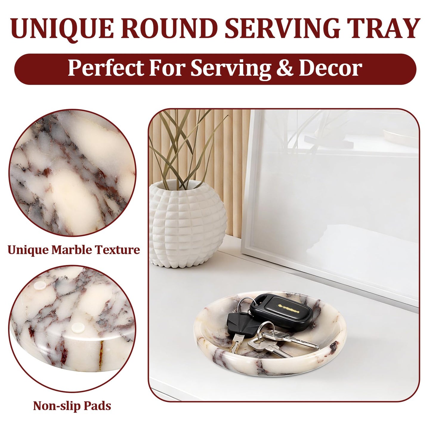 Hipiwe Decorative Key Holder for Entryway Table Round Key Bowl Marble Nightstand Organizer for Candle Jewelry Tray for Earrings Necklaces