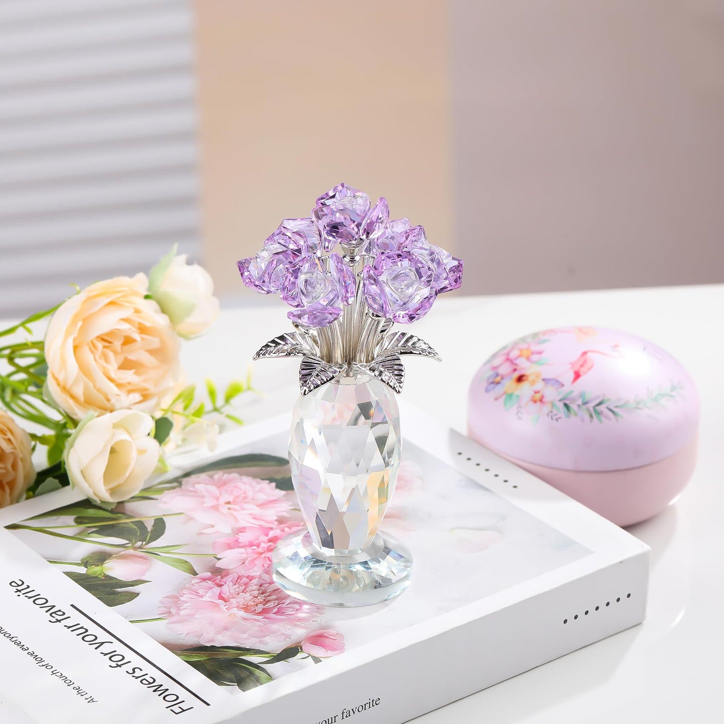 Arikyrist Crystal Purple Rose Flower Gifts for Women Collectible Glass Roses Bouquet Romantic Crystal Rose Figurines for Adults on Birthday Wedding Christmas