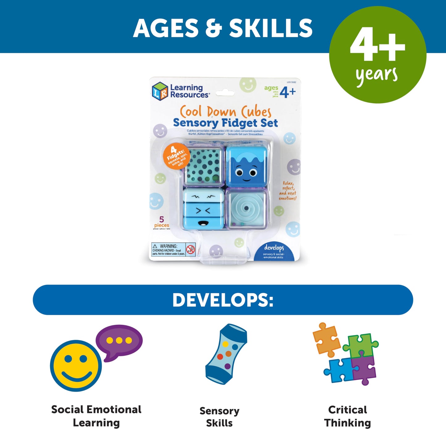 Learning Resources Cool Down Cubes Sensory Fidget Set of 4, Ages 3+, Calm Down Corner Toys, SEL Toys