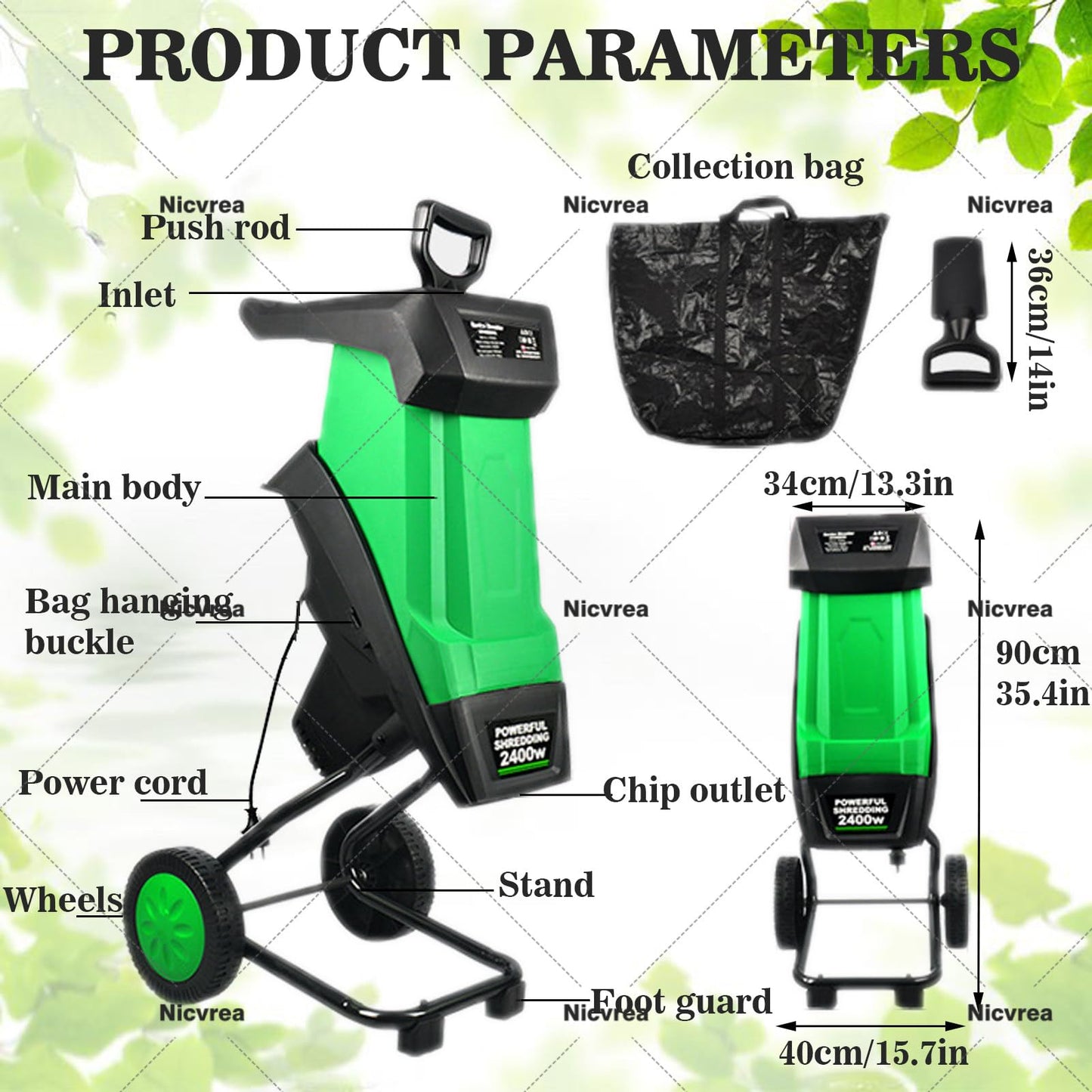 Nicvrea Electric Garden Shredder Wood Chipper,2400W Multifunctional Leaf Branch Shredder with Debris Bag, Max.40mm Cutting Capacity,Leaf Mulcher