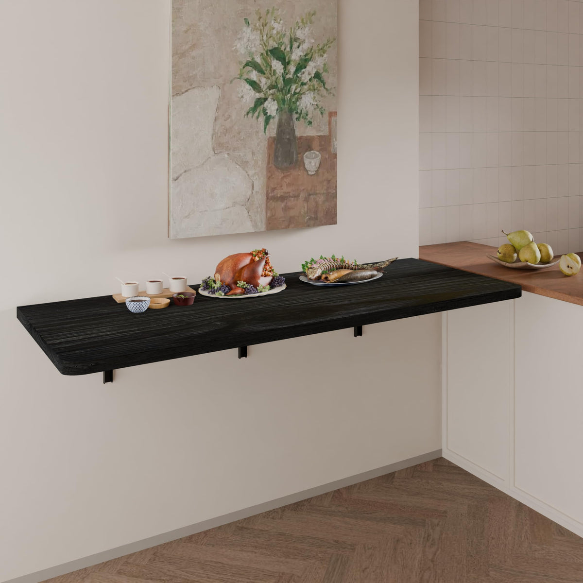 IAE Floating Wall Mounted Folding Table Desk with Pine Wood,55" x 22" Folding Workbench,Fold Down wall Mounted Foldable Table with Shelf Brackets,Laundry Folding Table for Apartment,Home,Kitchen,Black