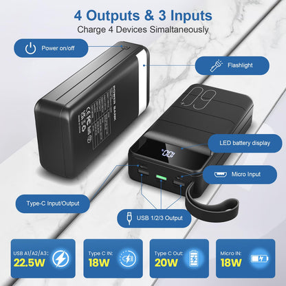 Portable Charger Power Bank 60000mAh Fast Charging 22.5W PD4.0 & QC 4.0 with USB C Battery Pack Charger Portable High Capacity Portable Phone Charger Power Bank for iPhone,Samsung,Travel (Black)
