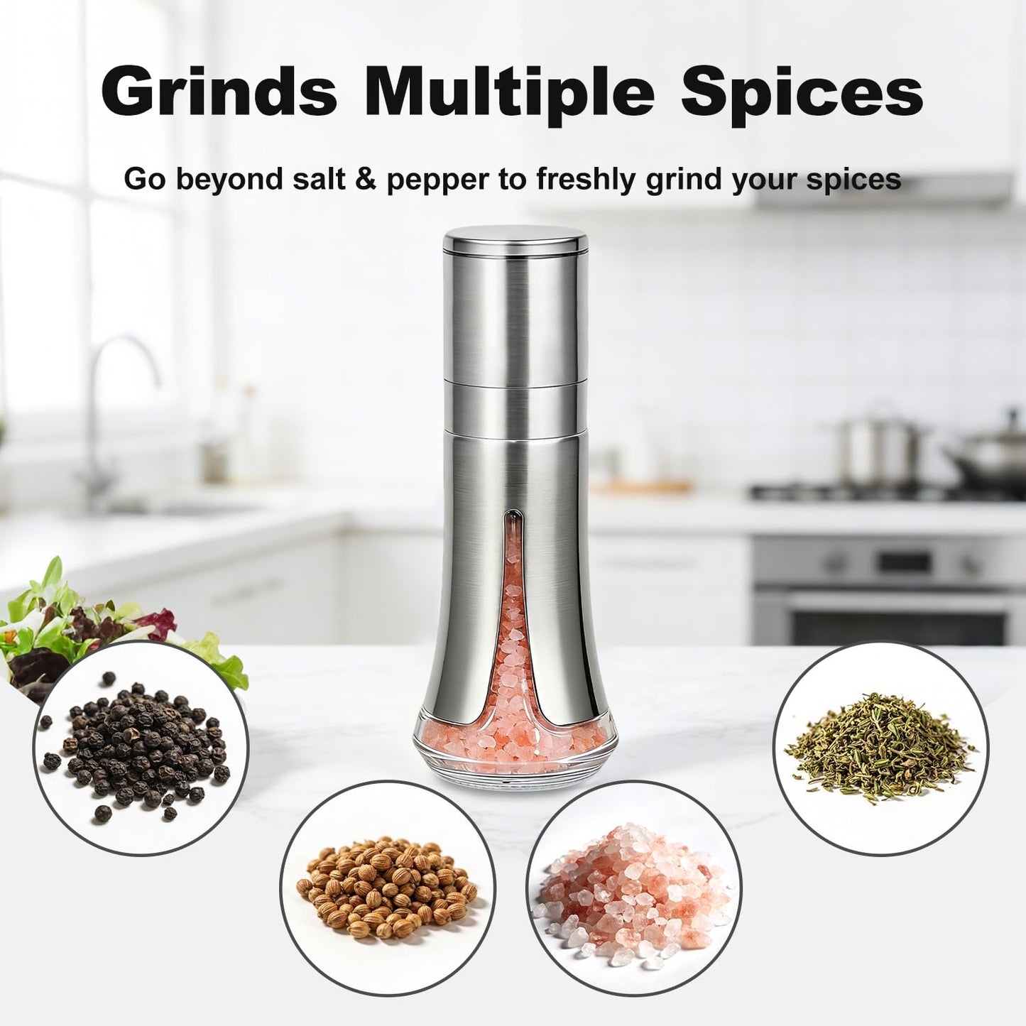 Aelga Salt Grinder with Silicone Funnel - 4oz Glass Manual Mills with Adjustable Ceramic Core & Stainless Steel Sleeve, Refillable Kitchen Gadget