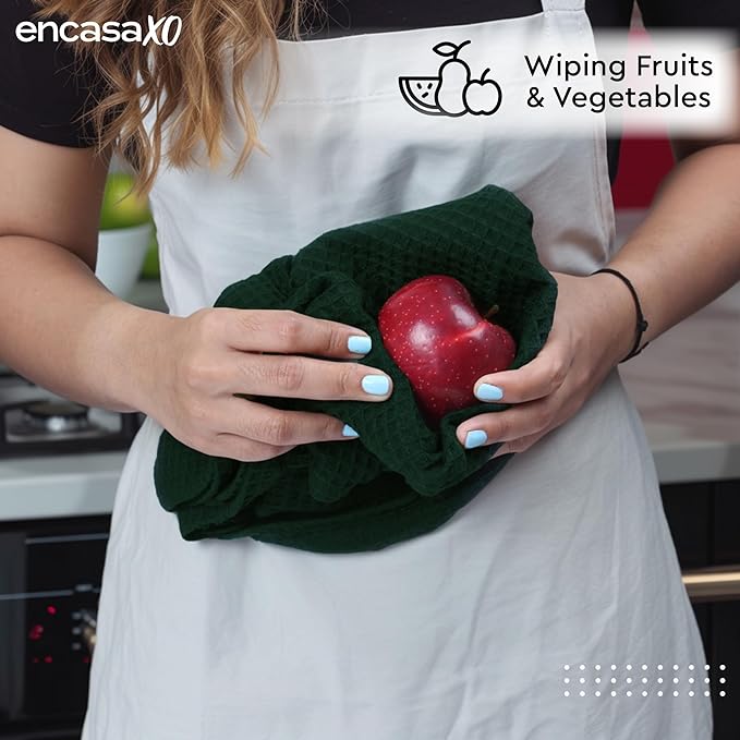 Encasa XO Kitchen Dish Towels Set | Dark Green | Waffle Weave and Flat Hand Tea
