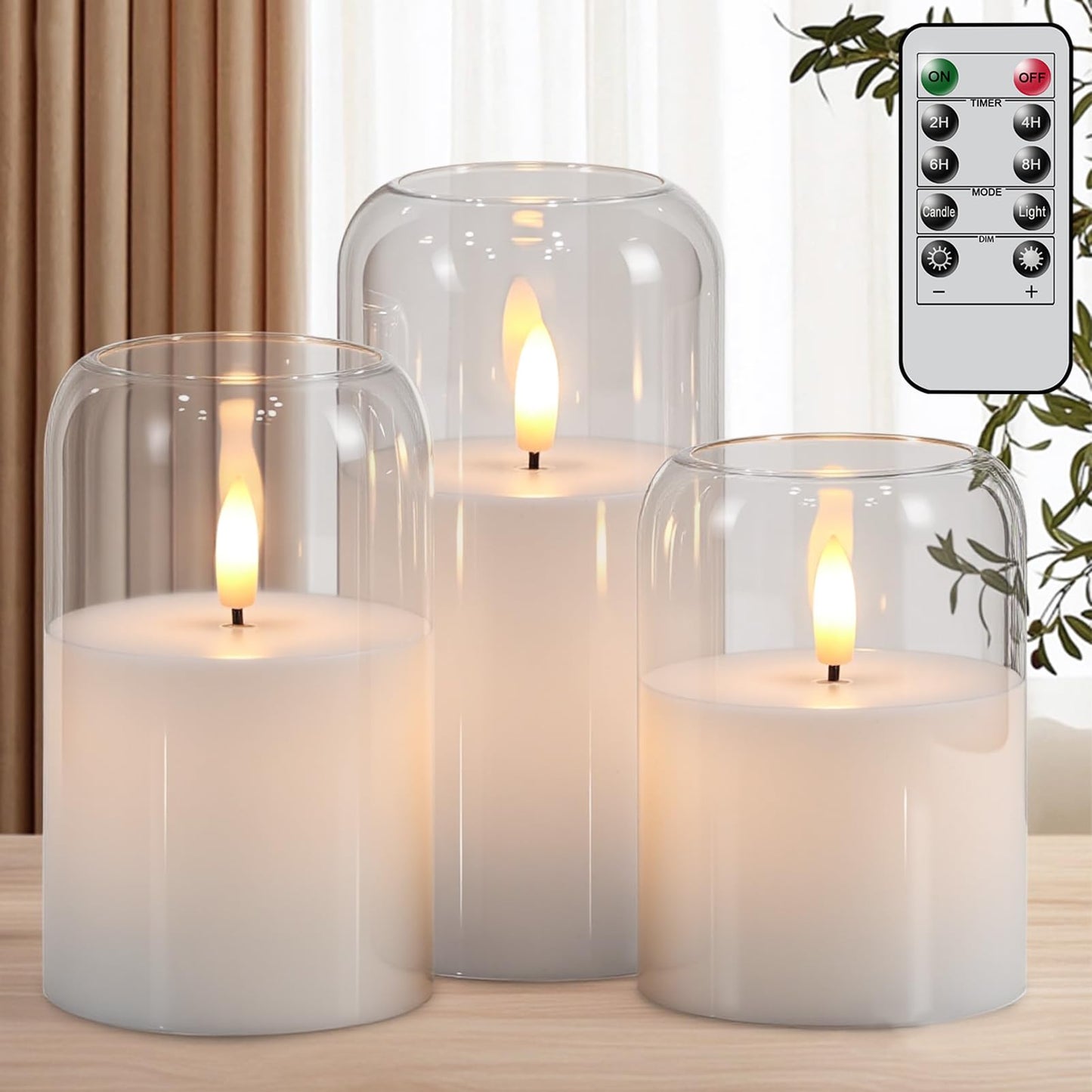 KunSwenn Glass Flameless Candles with Remote, Set of 3 Battery Operated Candles Flickering with Real Wax and 3D Wick, LED Pillar Candle for Home Halloween Christmas Decor(Clear, D3”xH4”5”6”)