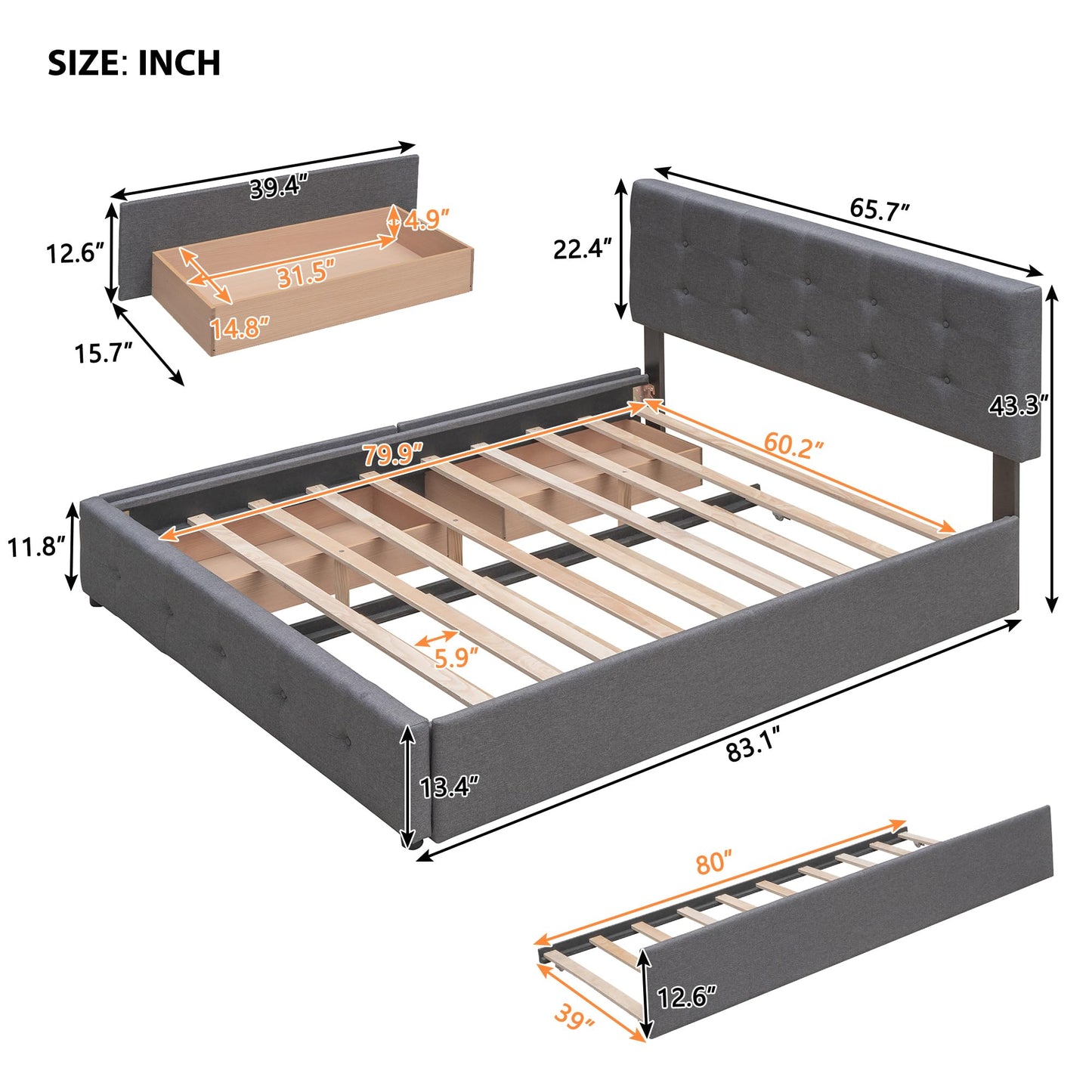 Ball & Cast Queen Size Bed Frame with 2 Drawers and 1 Twin XL Trundle, Linen Upholstered Platform Bed with Button Tufted Headboard and Wood Slats Support, No Box Spring Needed,Dark Gray