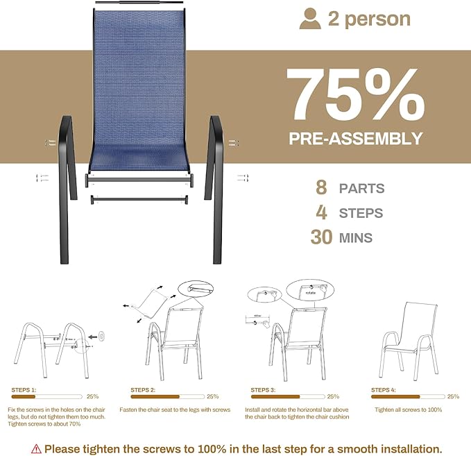 TLSUNNY Patio Chairs, Stackable Textilene Outdoor Dining Furniture for All Weather, with 17.7″ Wide Seat & Metal Frame, for Garden, Backyard, Deck, Restaurant, Poolside (4, Navy Blue, 26.4″)