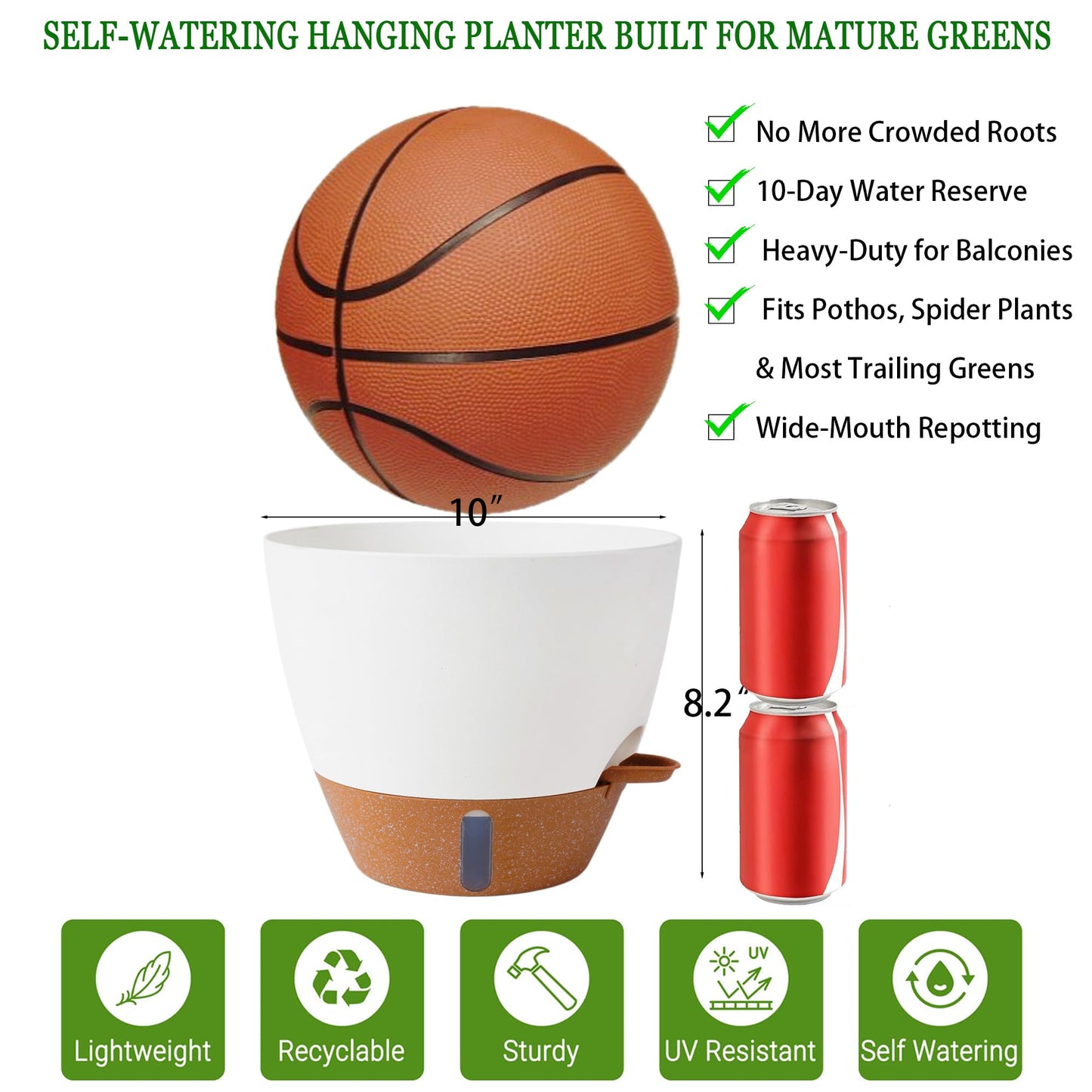 10 Inch Hanging Planters for Indoor Plants & Outdoor - 2 Pack Self-Watering Hanging Pots with Drainage Holes, Visual Reservoir, 2 Hangers - Self-Watering Hanging Baskets Flower Pots