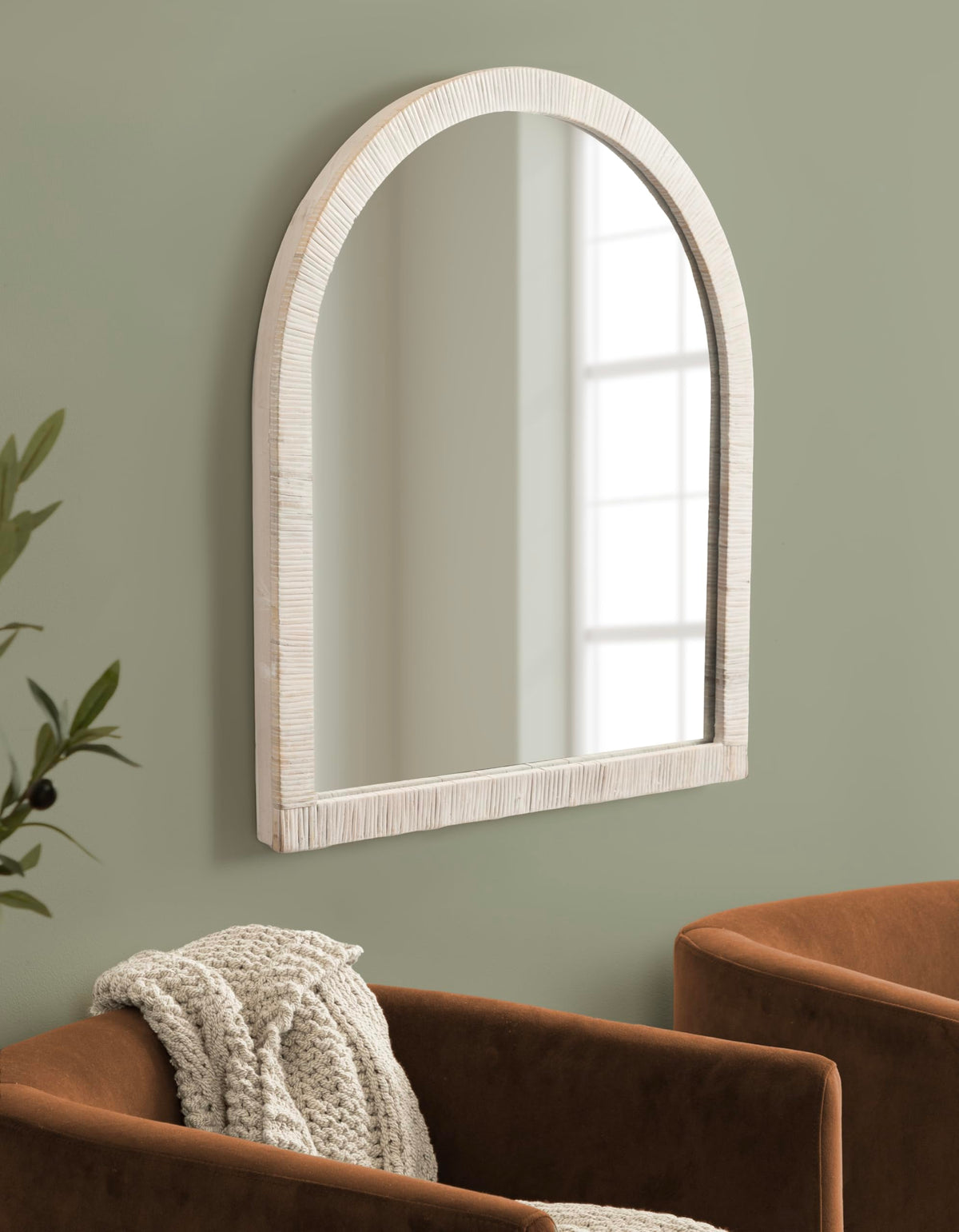 Kate and Laurel Rahfy Boho Arch Rattan Wall Mirror, 28 x 32, White, Decorative Wooden Mirror with Authentic Rattan Frame for Bathroom Vanity Mirror