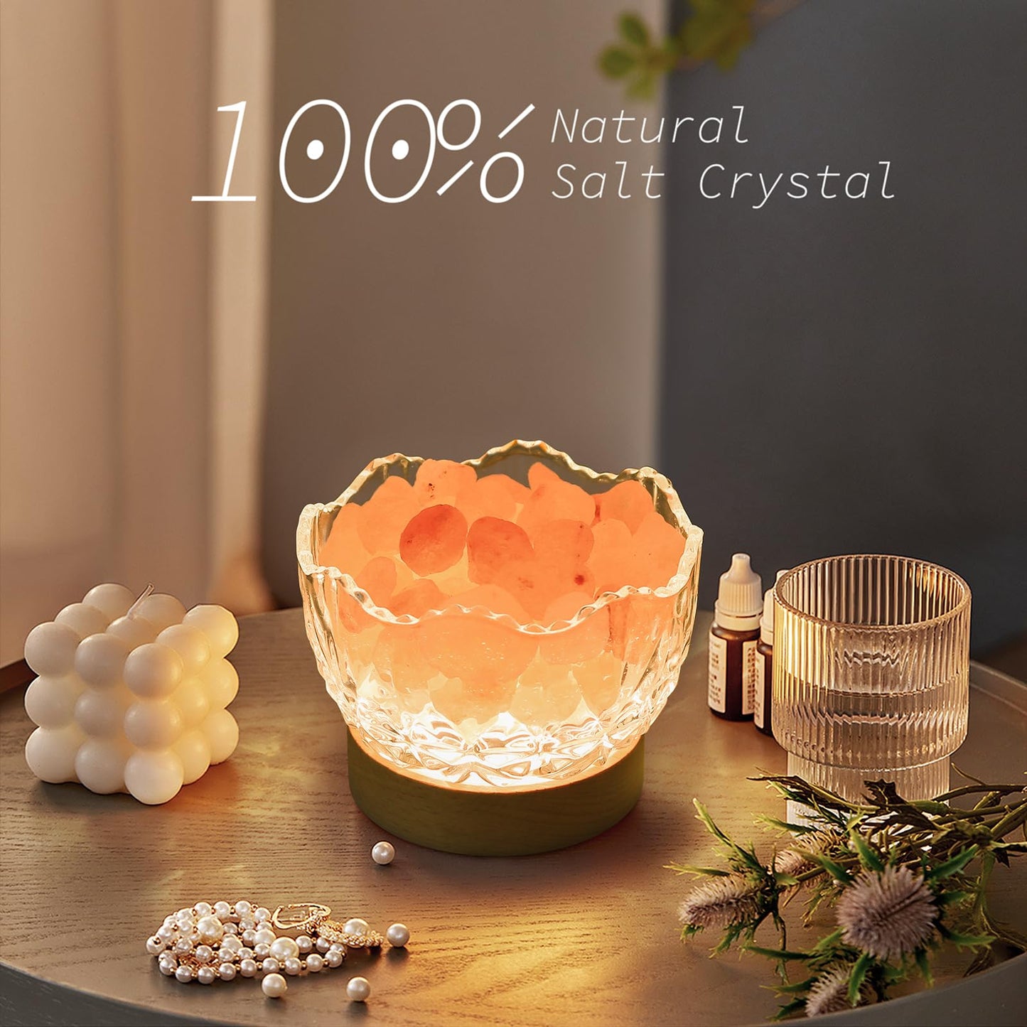 HSLZOMI Himalayan Salt Lamp, Pink, Wooden Base, 10 Levels of Light Intensity Adjustment, USB Plug, 1 Year Warranty