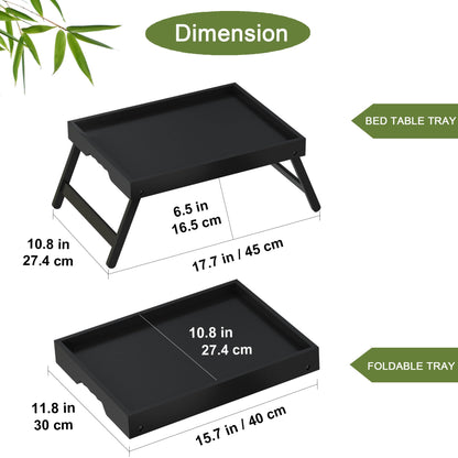 Asuthzon Bamboo Bed Tray Table with Foldable Legs, Breakfast in Bed Tray for Kitchen Serving Tray, Eating, Working, Drawing Tray (2 Pack, Black)