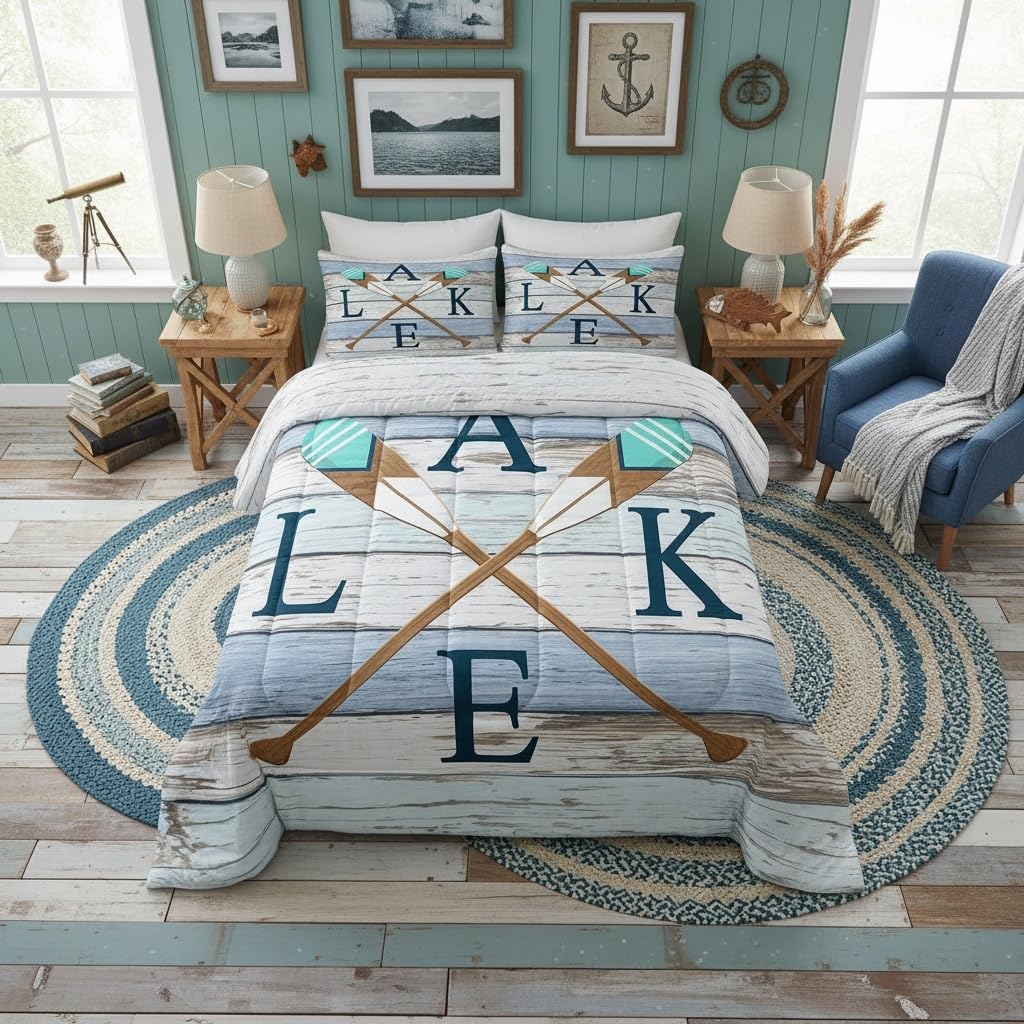 Castle Fairy Wooden Stripes Comforter Set for Kids Room Decor Rowing Boating Oar Print Bedding Comforter Queen Size Rustic Nature Lodge Cabin Soft Polyester Quilt Set with 2 Pillowcases