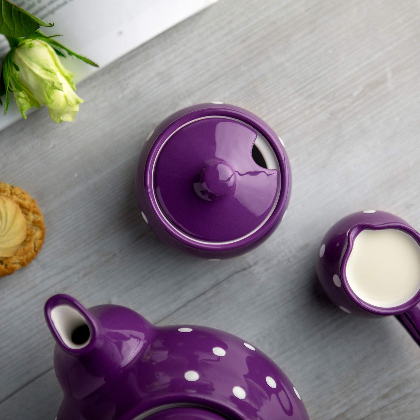 City to Cottage Ceramic Sugar Bowl with Lid, 10oz Sugar Contanier for Coffee Bar, Sugar Dispenser Bowl, Salt - Condiment Pot for Kitchen Counter, Handcrafted Purple Polka Dot Sugar Jar