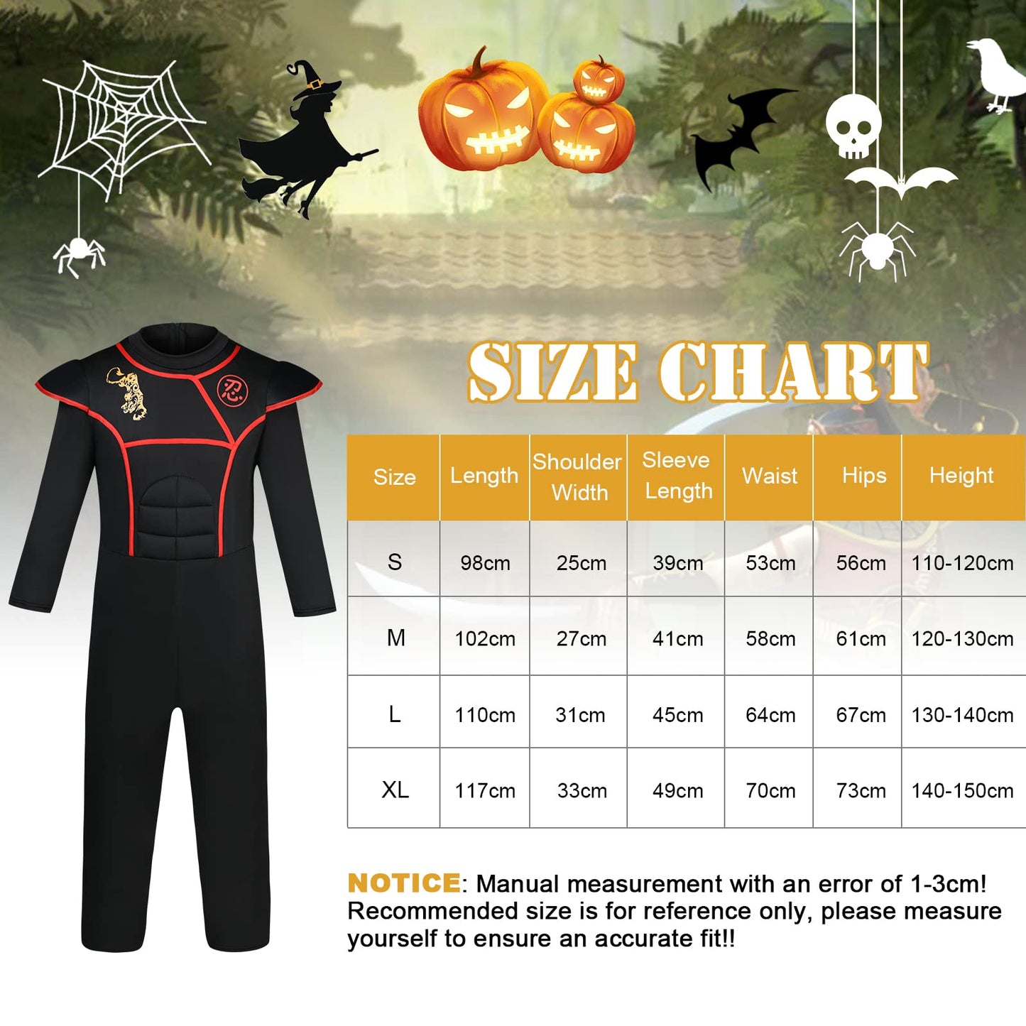 Aomig Kids Halloween Fancy Dress Costume with Ninja Accessories, Warrior Muscle Costume for Boys Girls, Luxury Role Play Outfit for Halloween Cosplay Theme Party (M)