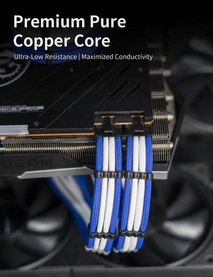upHere Sleeve Extension Power Supply Cable Kit, Power Supply with Extra-Sleeved 24-PIN 8-PIN 6-PIN 4+4 PIN-Blue/White with Cable Combs(11.8 inch/ 30CM)