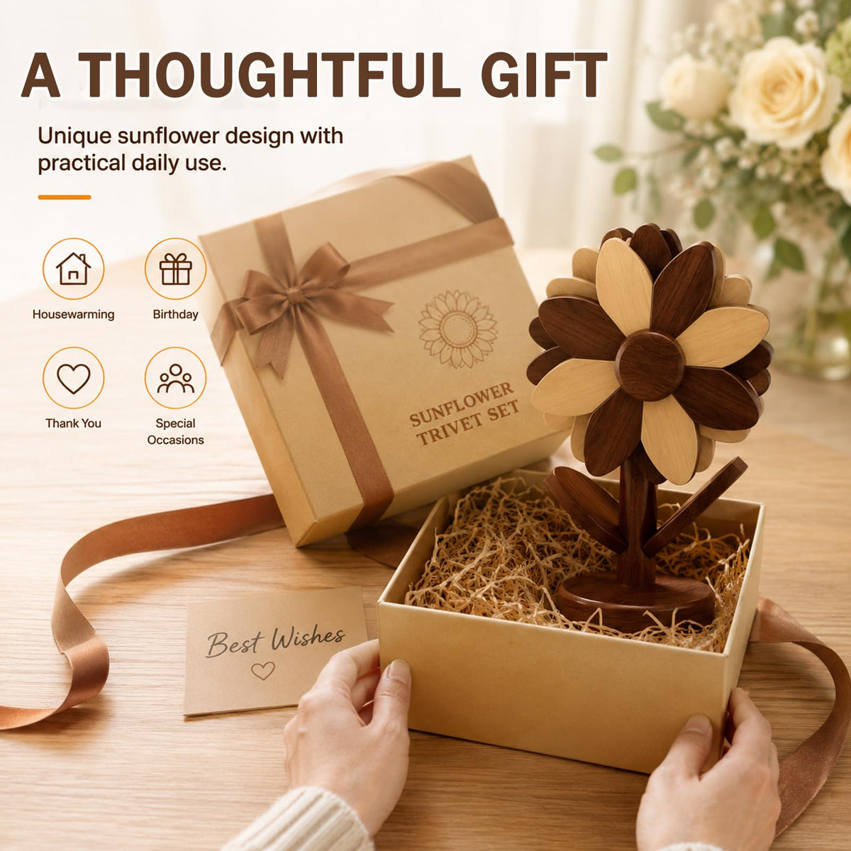 Wooden Trivets for Hot Dishes, 3-Piece Foldable Sunflower Coaster Set with Tree Stand, Heat Resistant Pot Holders for Pots, Pans and Countertops