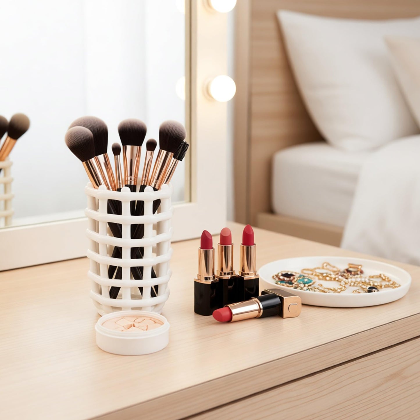DODAMOUR Ceramic Toothbrush Holder, Boho Woven Grid Bathroom Cup, Breathable Openwork Makeup Brush Organizer, Modern Lattice Stand for Vanity Countertop, Toothpaste Storage - White