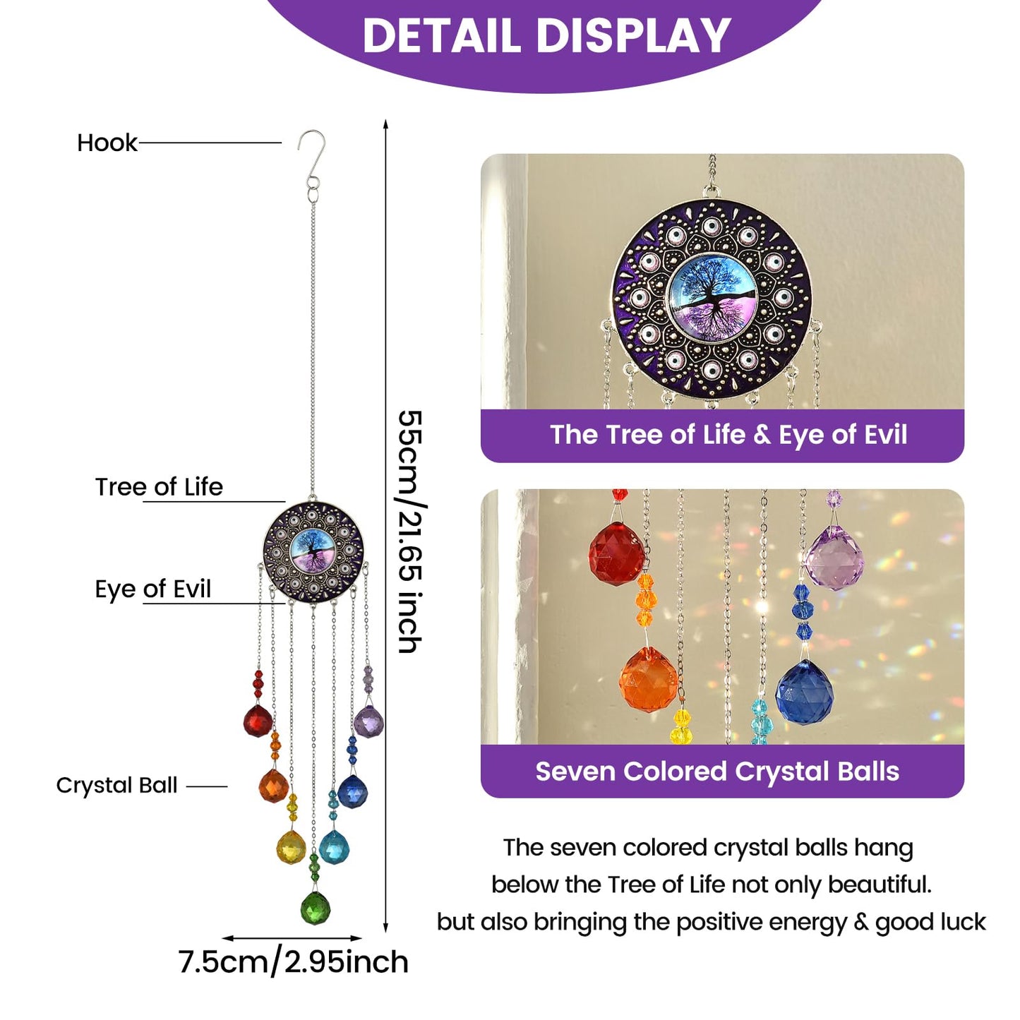 Tree of Life Crystal Sun Catcher, Hanging Sunlight Catcher, Sun Catchers with Crystals, Crystal Wind Chime, Birthday Gift, Home Decoration (Purple)