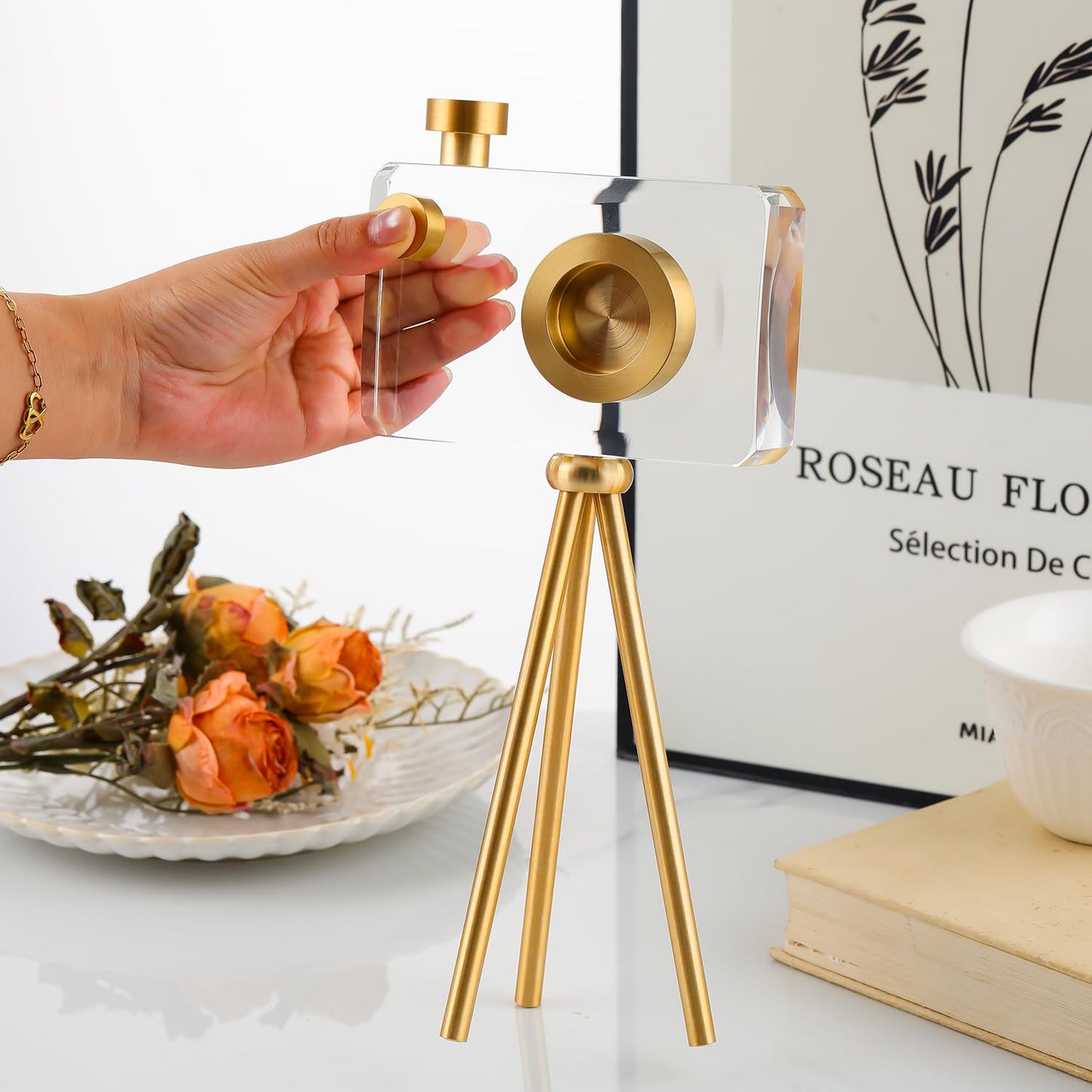 JOASURA Crystal Camera Model Statues- Small Golden with Bracket 3.94x5.12inch 2.2LB,Camera Crafts Collectible Figurine Home Desktop Decoration