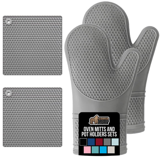 GORILLA GRIP BPA-Free Soft Silicone Oven Mitts and Pot Holders Sets, Heat Resistant Waterproof Cooking Gloves, Thick Cotton Lining, Flexible Gripping for Baking Grilling, Kitchen Trivets, Turquoise