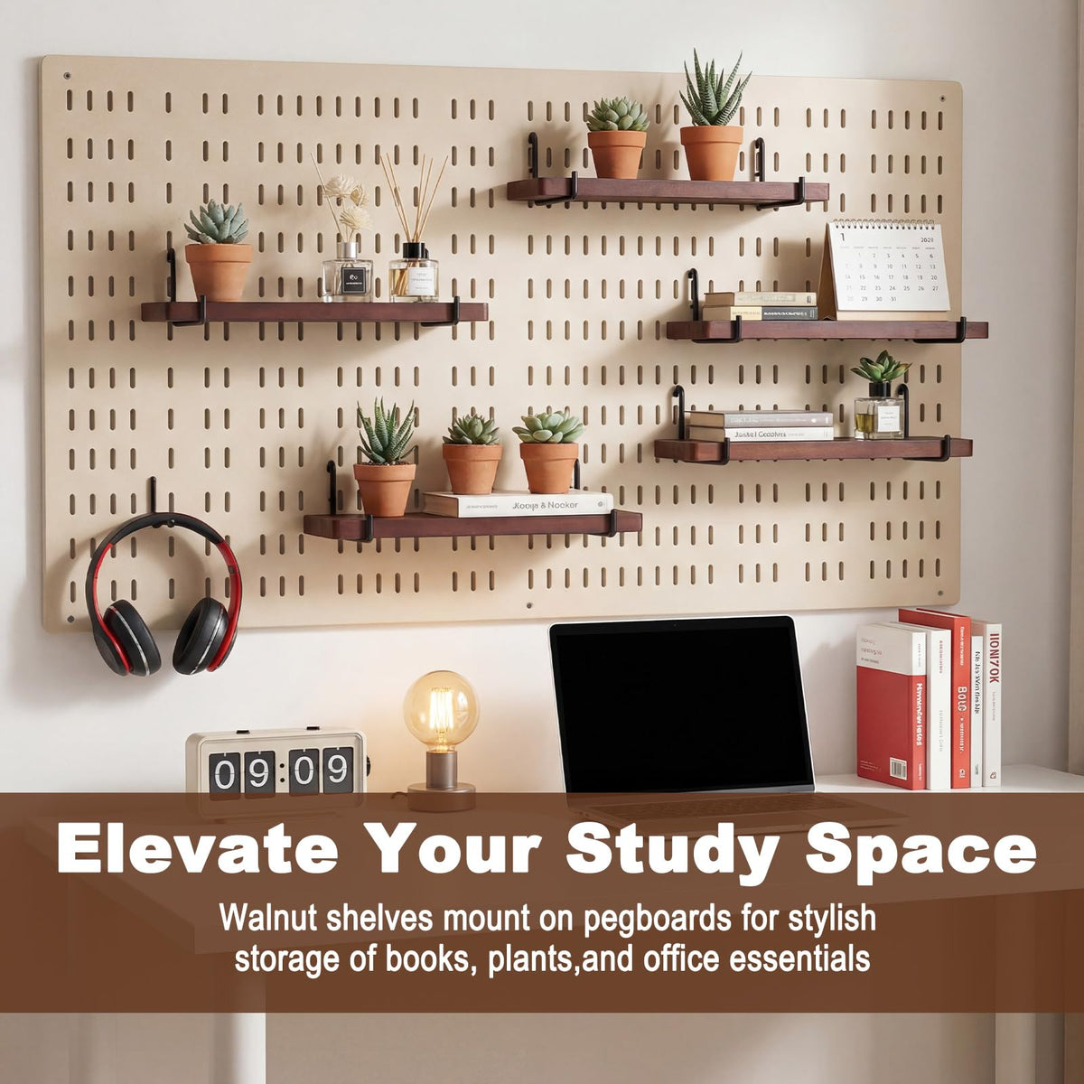 Novabright 8 Pcs Walnut Color Pegboard Shelves Set with Metal Brackets Hooks 11.8 x 4'' Wall Wooden Pegboard Shelving Heavy Duty Accessories for Crafts Office Garage, Compatible with IKEA Skadis